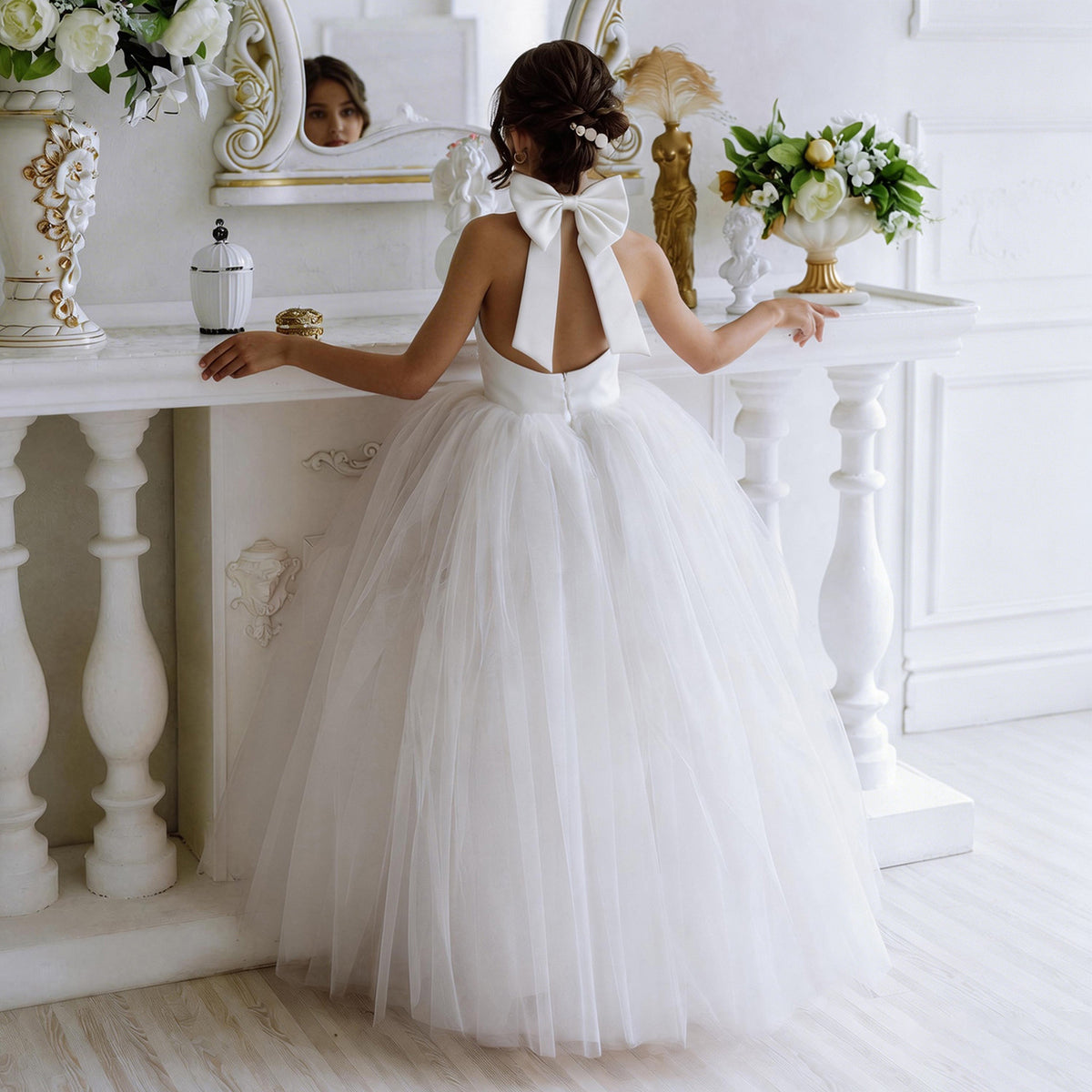White bow accent flower girl wedding dress