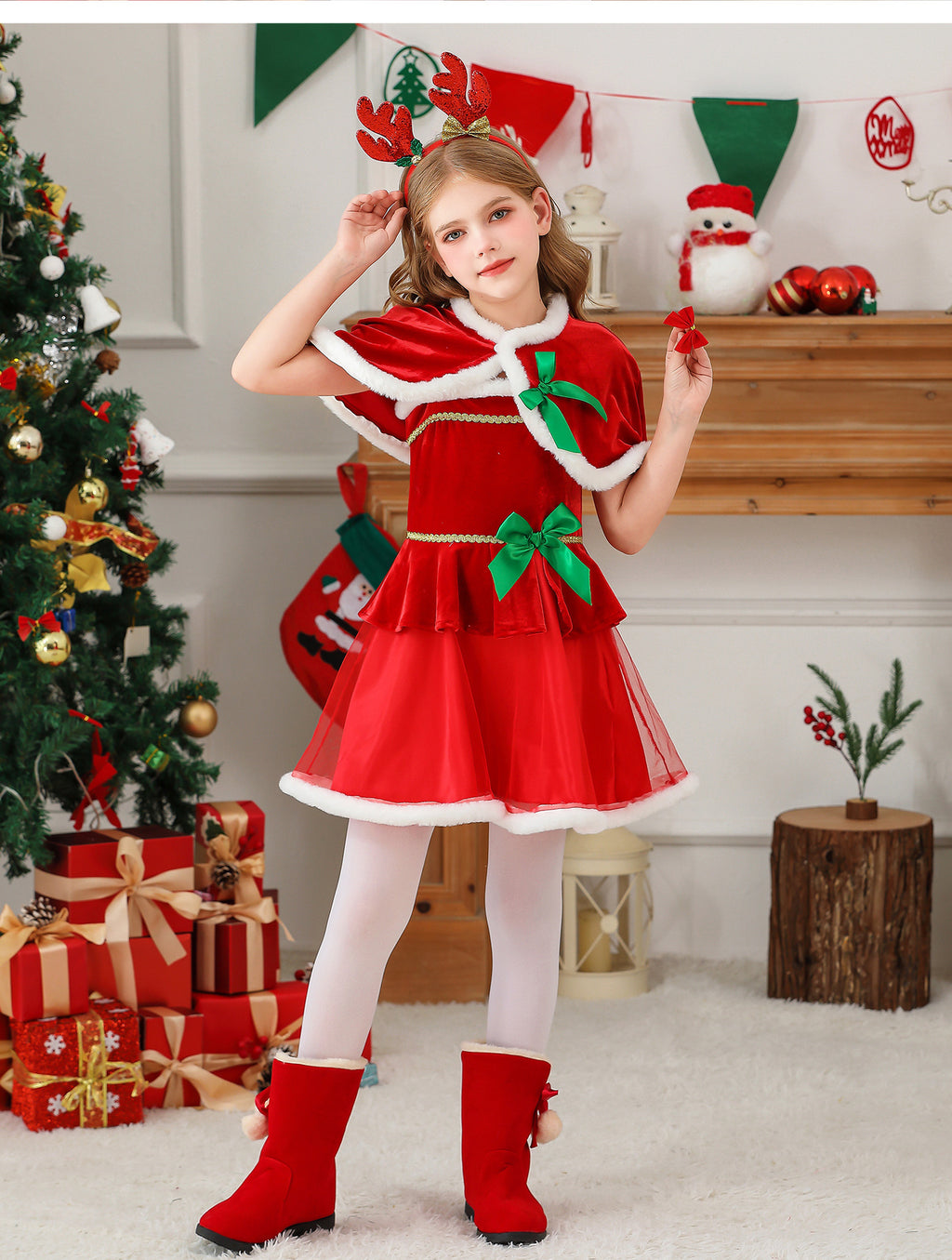 Girls Christmas costume set with dress, Santa cloak and antler headband