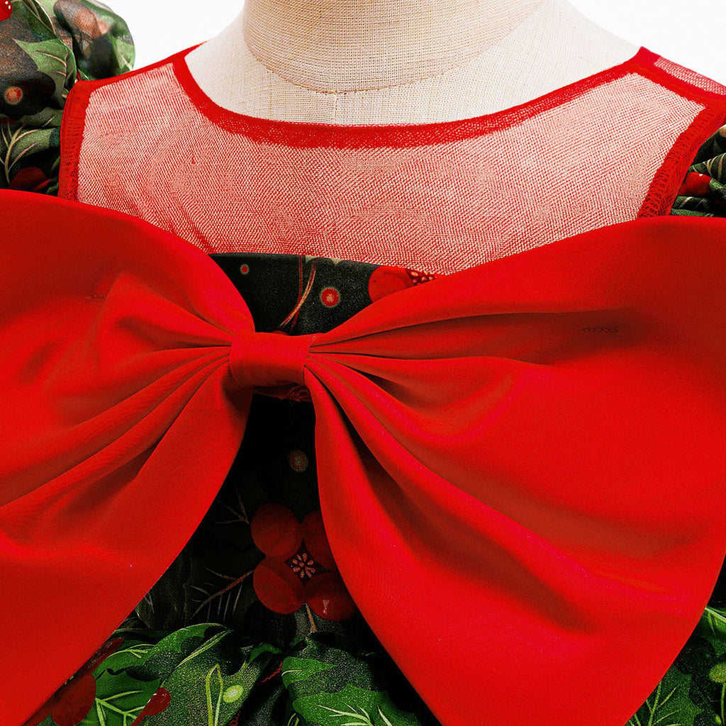 Red and green girls Christmas dress with bow and mesh tutu skirt