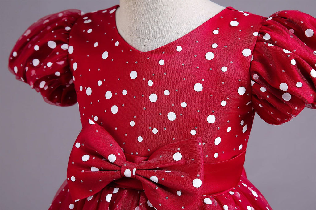 Girls polka dot high-low Christmas dress with puff sleeves