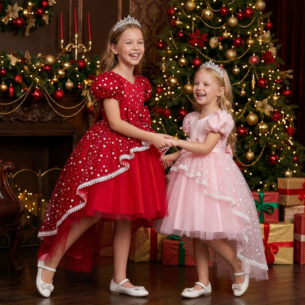 Girls polka dot high-low Christmas dress with puff sleeves