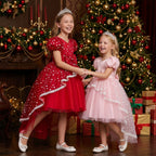 Girls polka dot high-low Christmas dress with puff sleeves