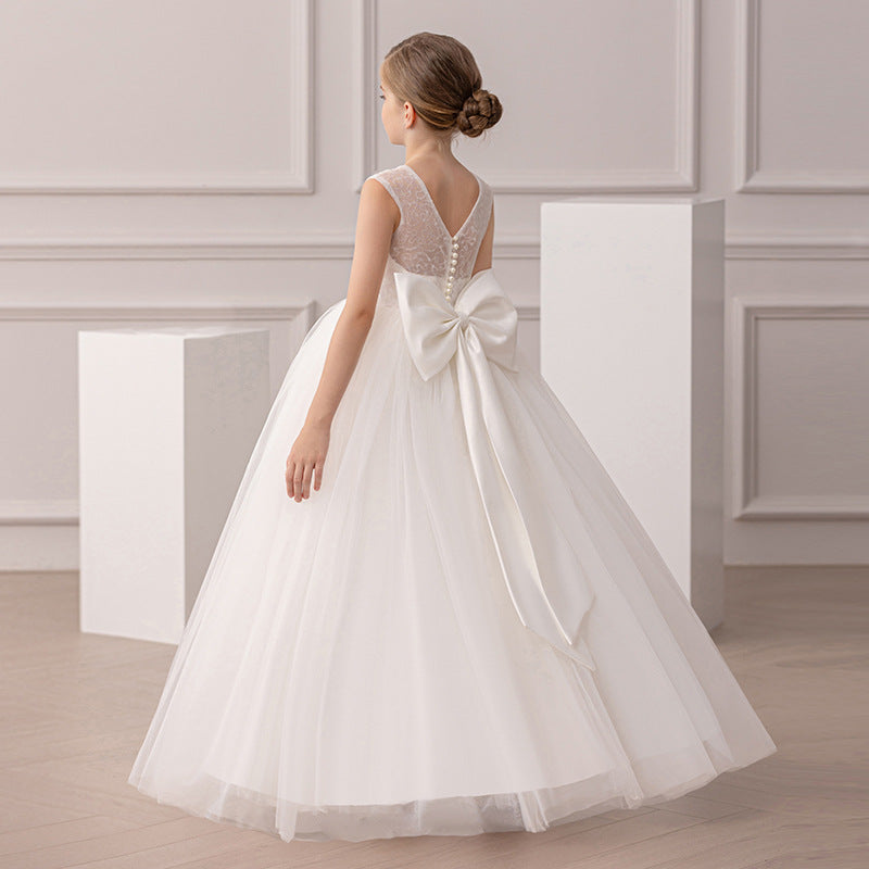 Bow-back satin banquet evening gown for girls