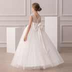 Bow-back satin banquet evening gown for girls