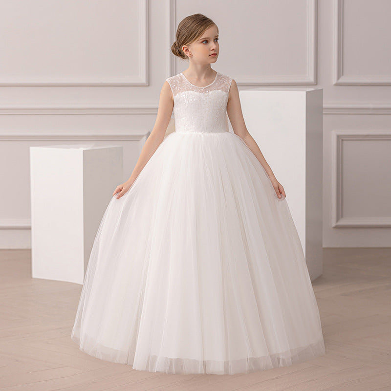 Bow-back satin banquet evening gown for girls