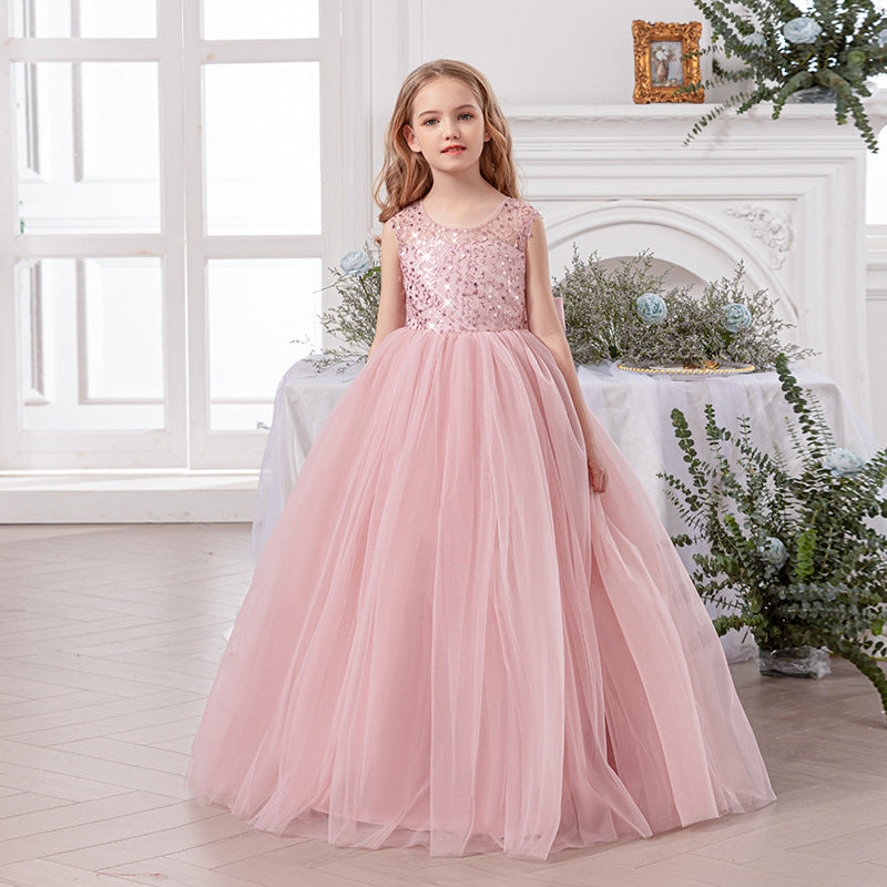 Bow-back satin banquet evening gown for girls