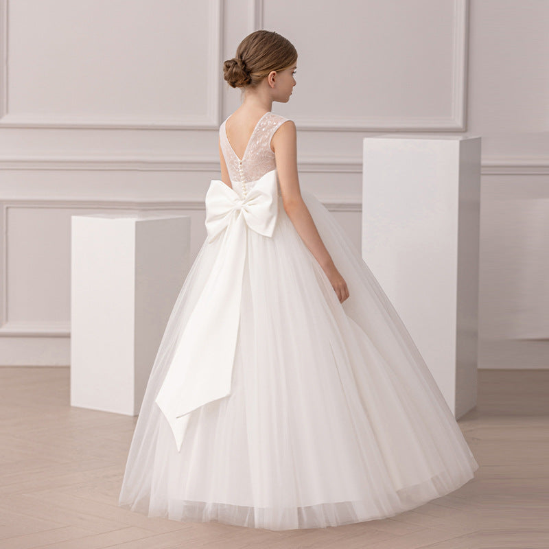 Bow-back satin banquet evening gown for girls