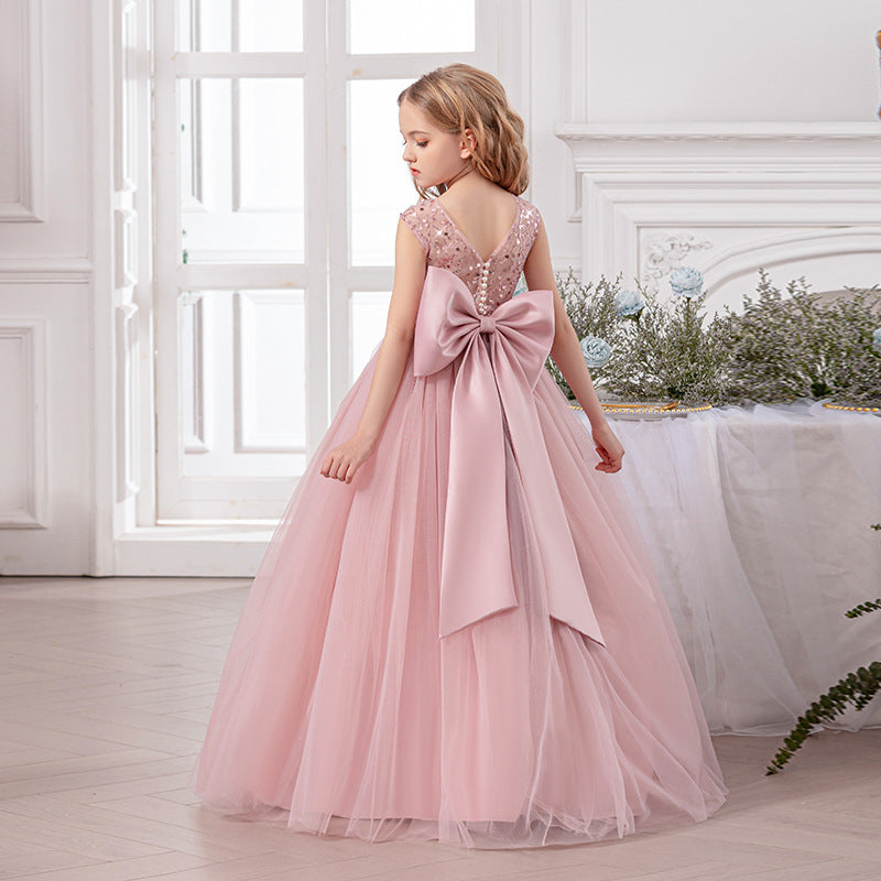 Bow-back satin banquet evening gown for girls