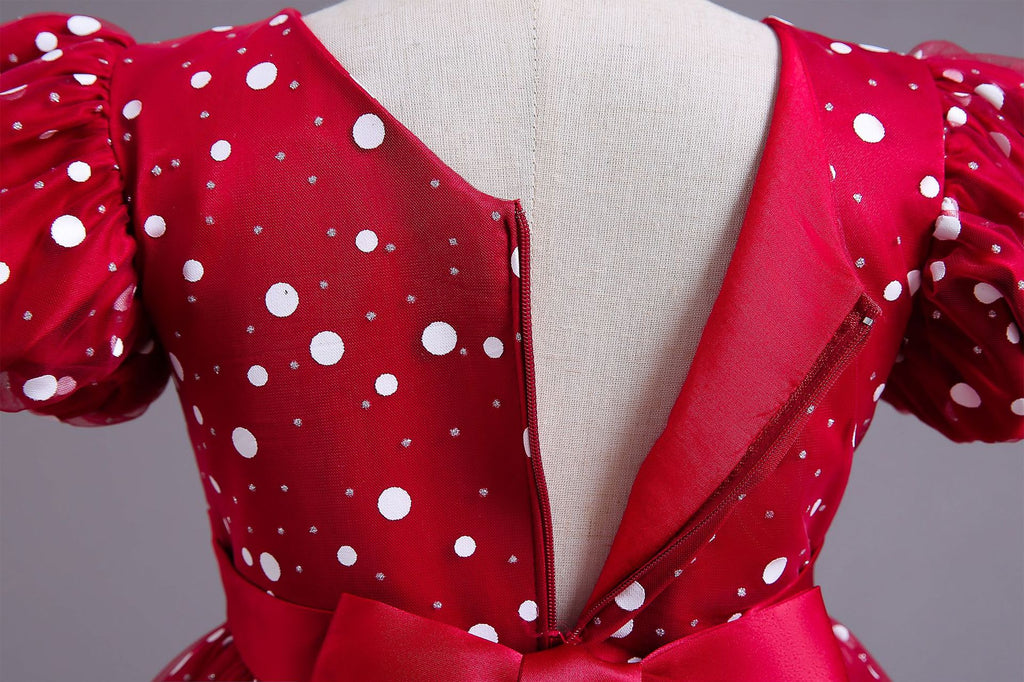 Girls polka dot high-low Christmas dress with puff sleeves