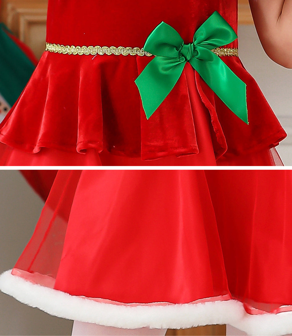 Girls Christmas costume set with dress, Santa cloak and antler headband