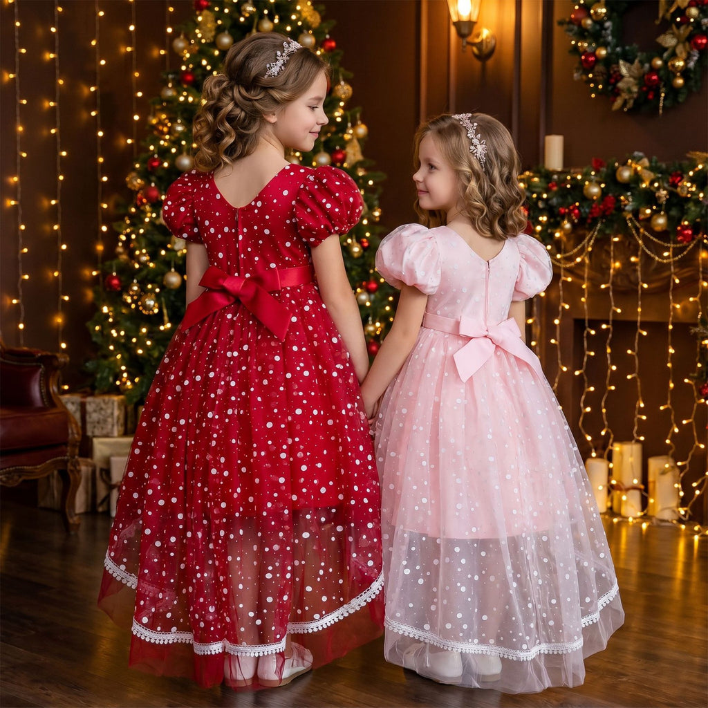 Girls polka dot high-low Christmas dress with puff sleeves