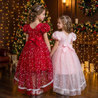 Girls polka dot high-low Christmas dress with puff sleeves
