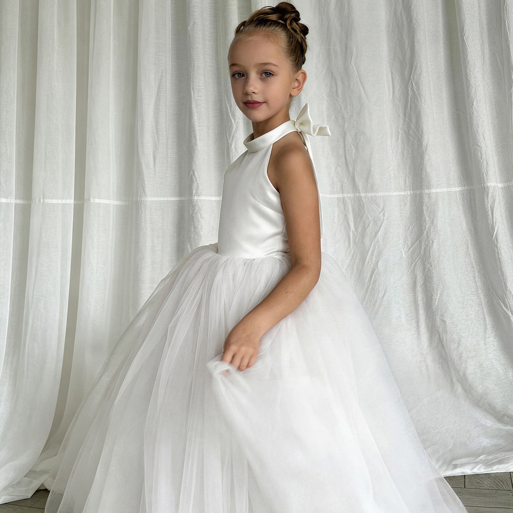 White bow accent flower girl wedding dress