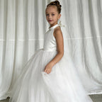 White bow accent flower girl wedding dress
