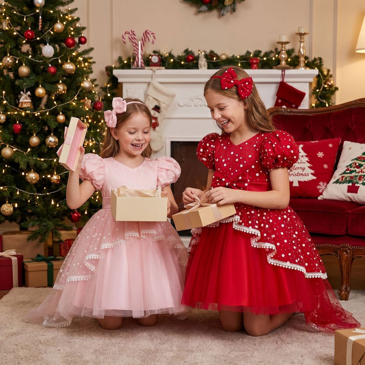 Girls polka dot high-low Christmas dress with puff sleeves