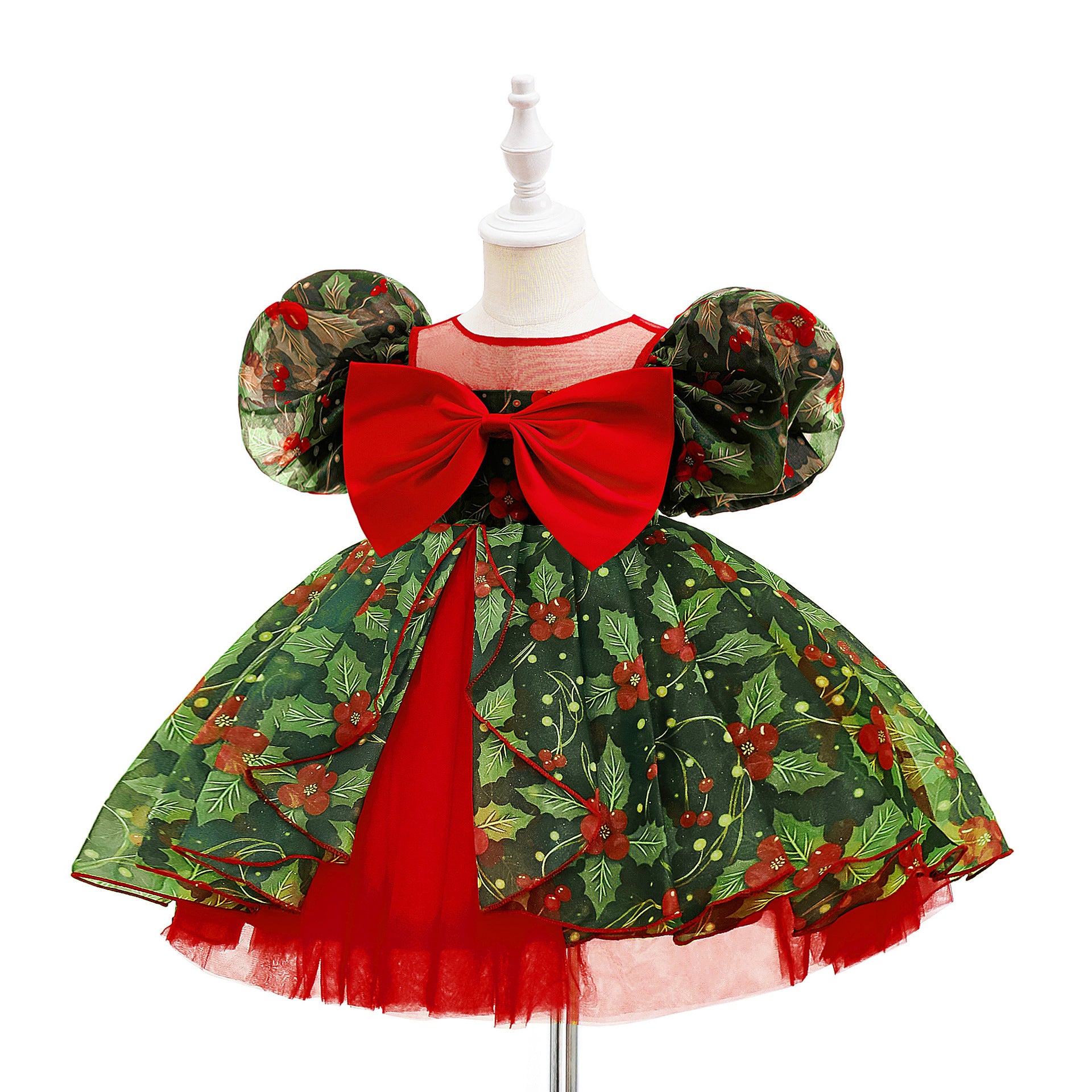 Red and green girls Christmas dress with bow and mesh tutu skirt
