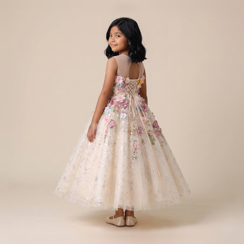 3D Floral Glitter Tulle Gown in Champagne – back view