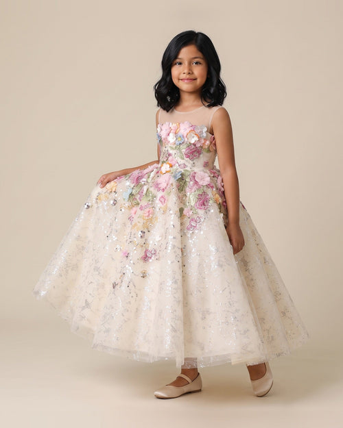 3D Floral Glitter Tulle Gown in Champagne – front view