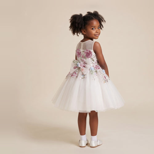 3D Floral Tulle Ball Dress in Ivory – back view