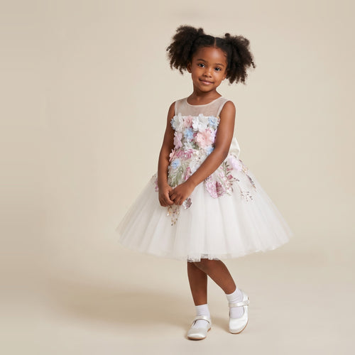 3D Floral Tulle Ball Dress in Ivory – front view