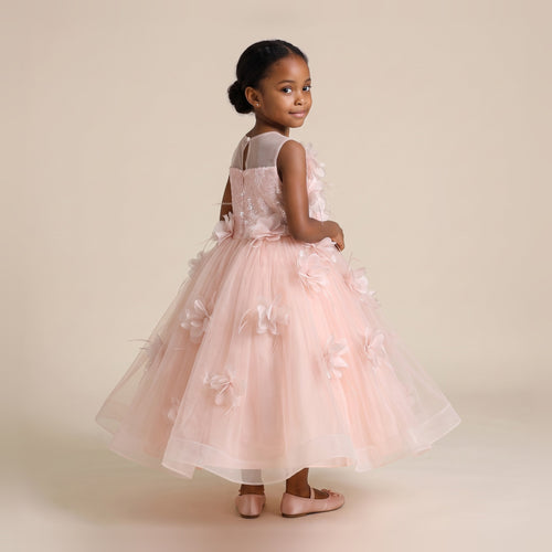 3D Floral Tulle Ball Gown in Pink – back view