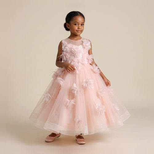 3D Floral Tulle Ball Gown in Pink – front view