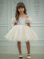 Ivory tulle girls princess dress with 3D flower appliqués, pearl centers and off-shoulder puff sleeves, designed for flower girls and weddings.