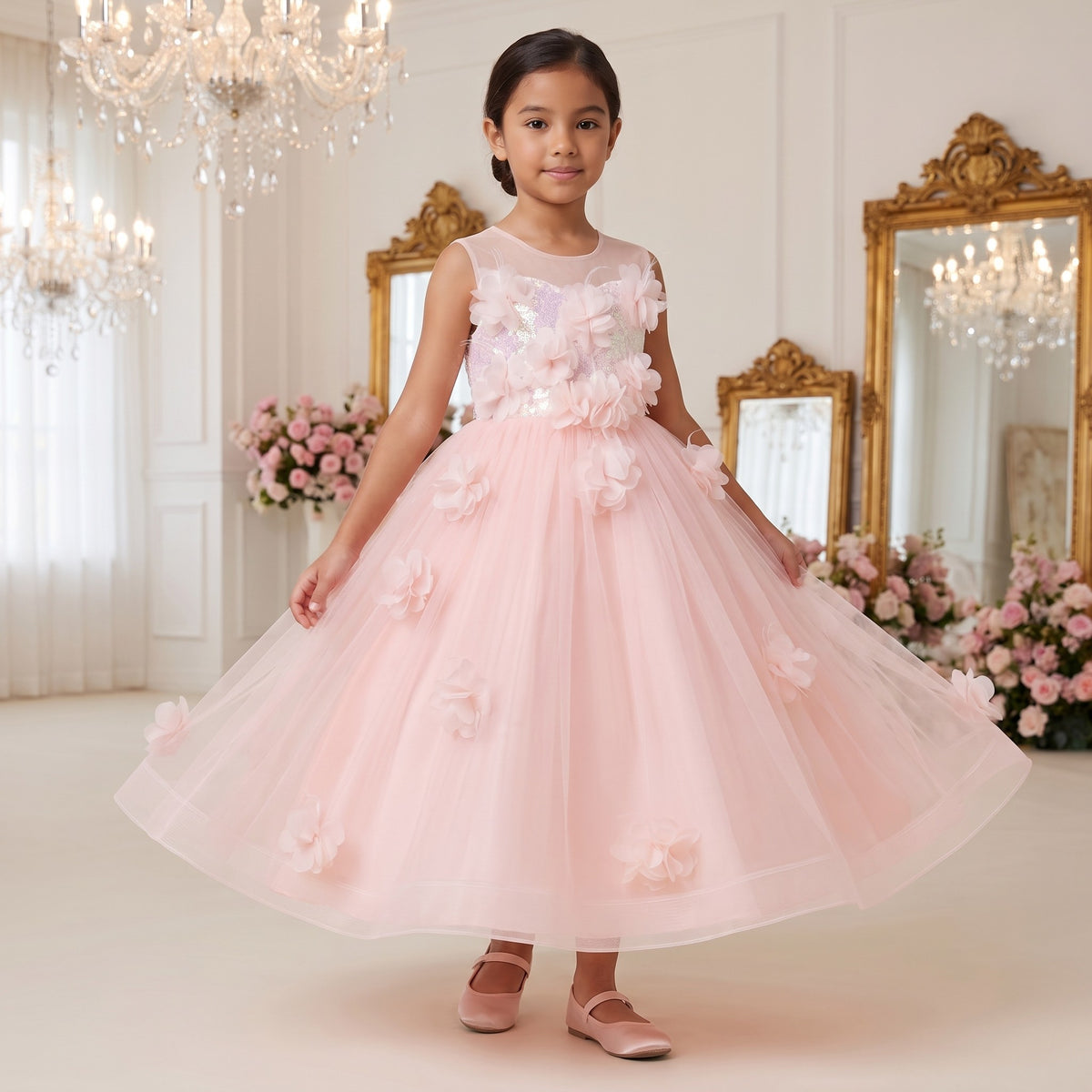 3D Flower Sequin Tulle Ball Gown in Blush Pink – lifestyle photo 2