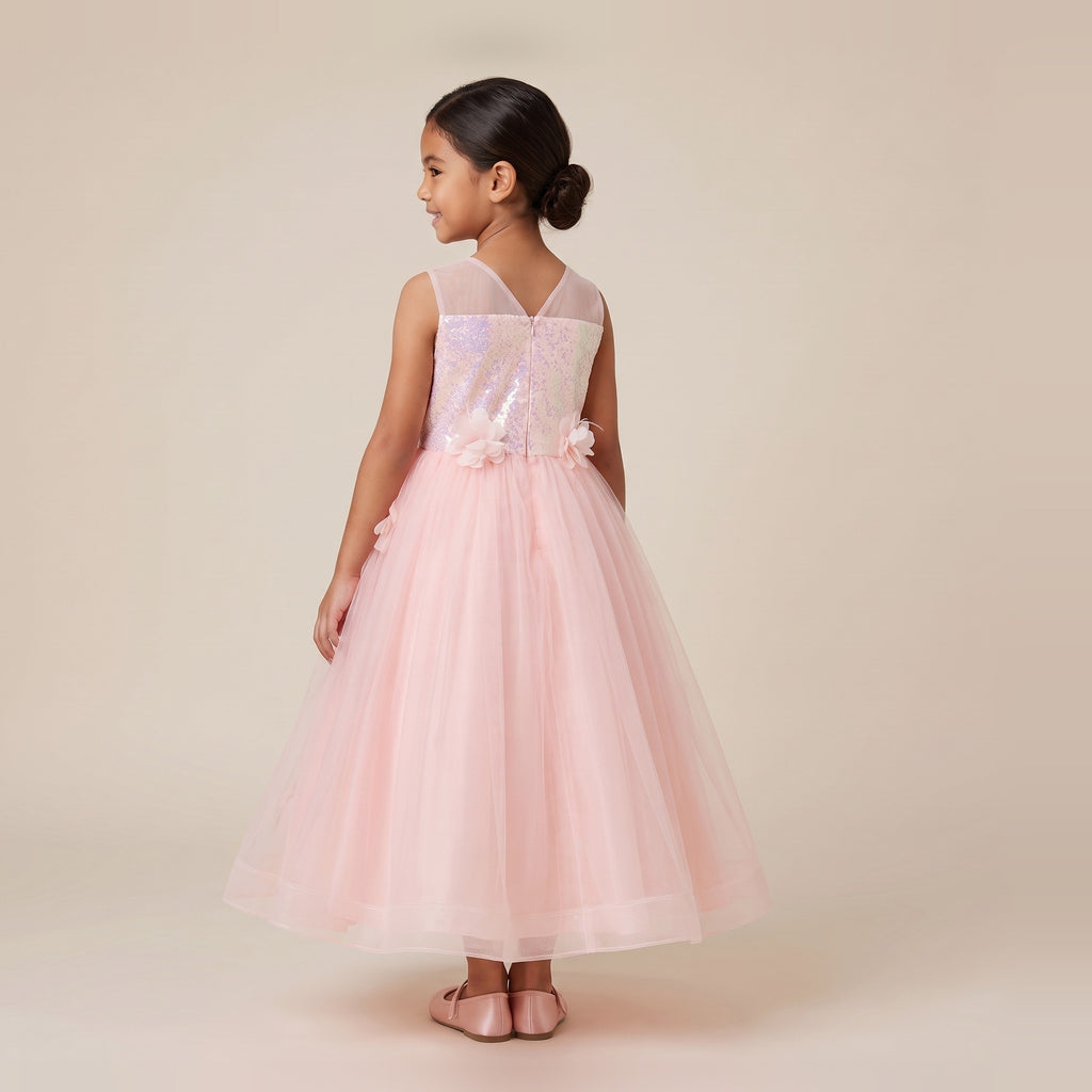 3D Flower Sequin Tulle Ball Gown in Blush Pink – back view