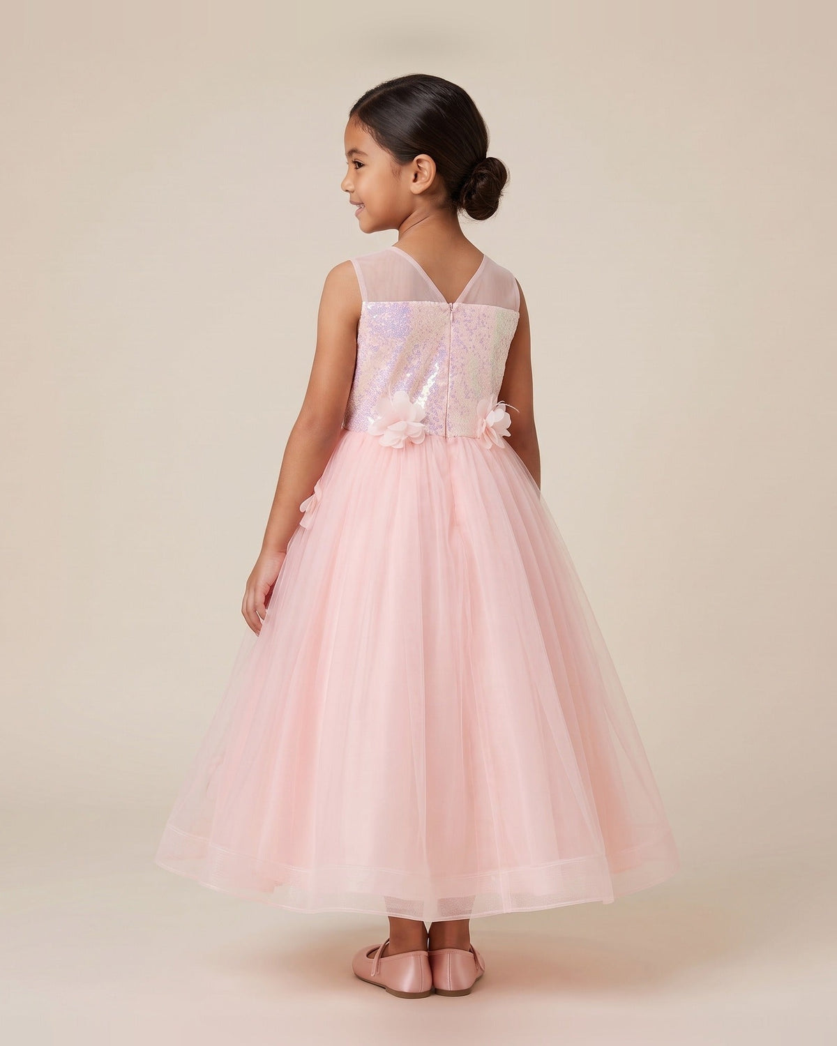 3D Flower Sequin Tulle Ball Gown in Blush Pink – back view