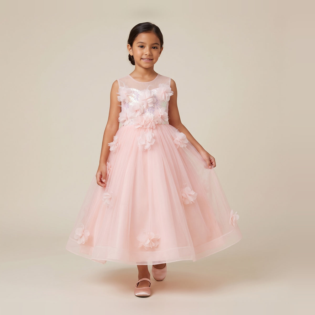 3D Flower Sequin Tulle Ball Gown in Blush Pink – front view