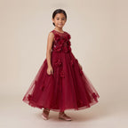 3D Flower Sequin Tulle Ball Gown in Burgundy – front view