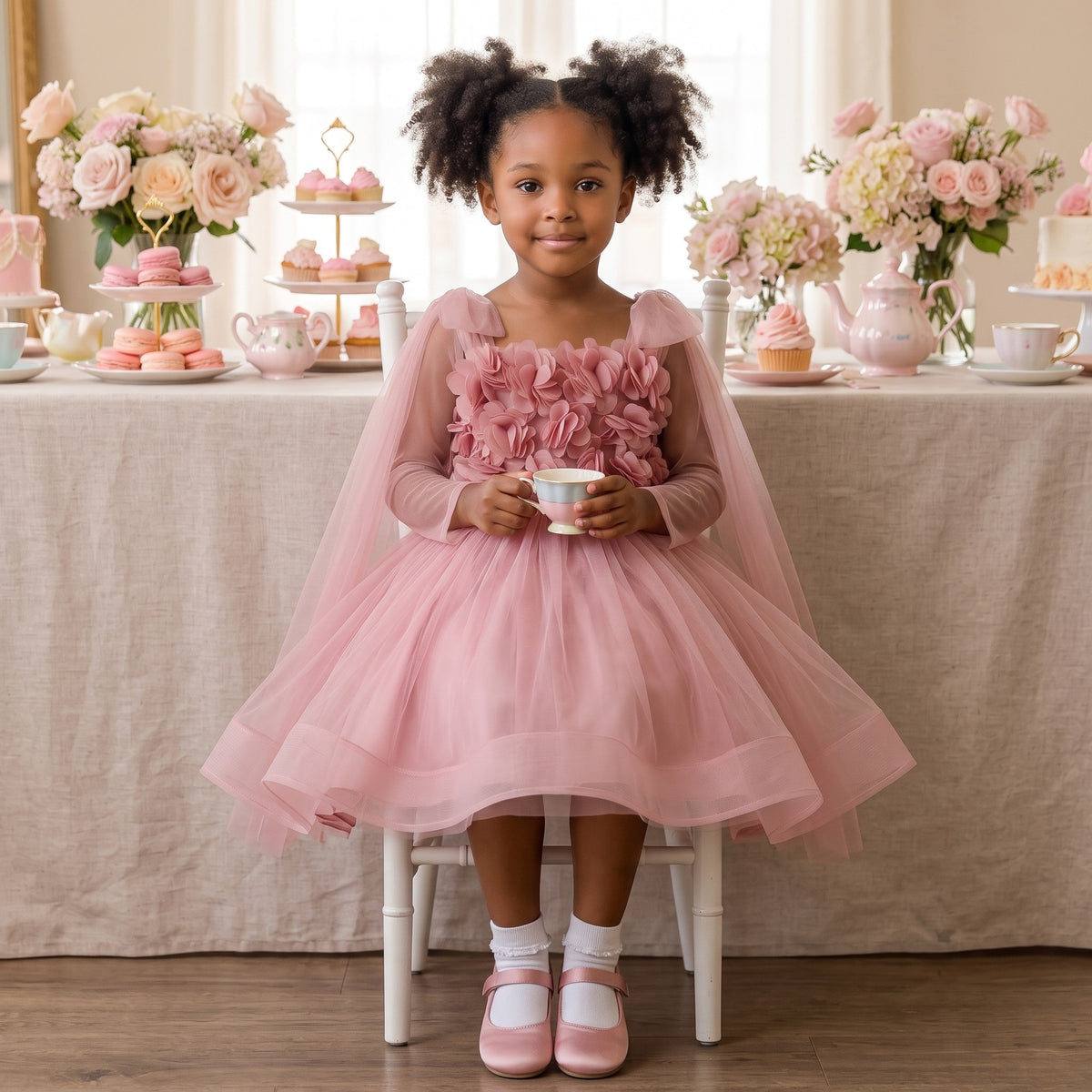3D Petal Bodice Tulle Tutu Dress in Dusty Rose – lifestyle photo 3
