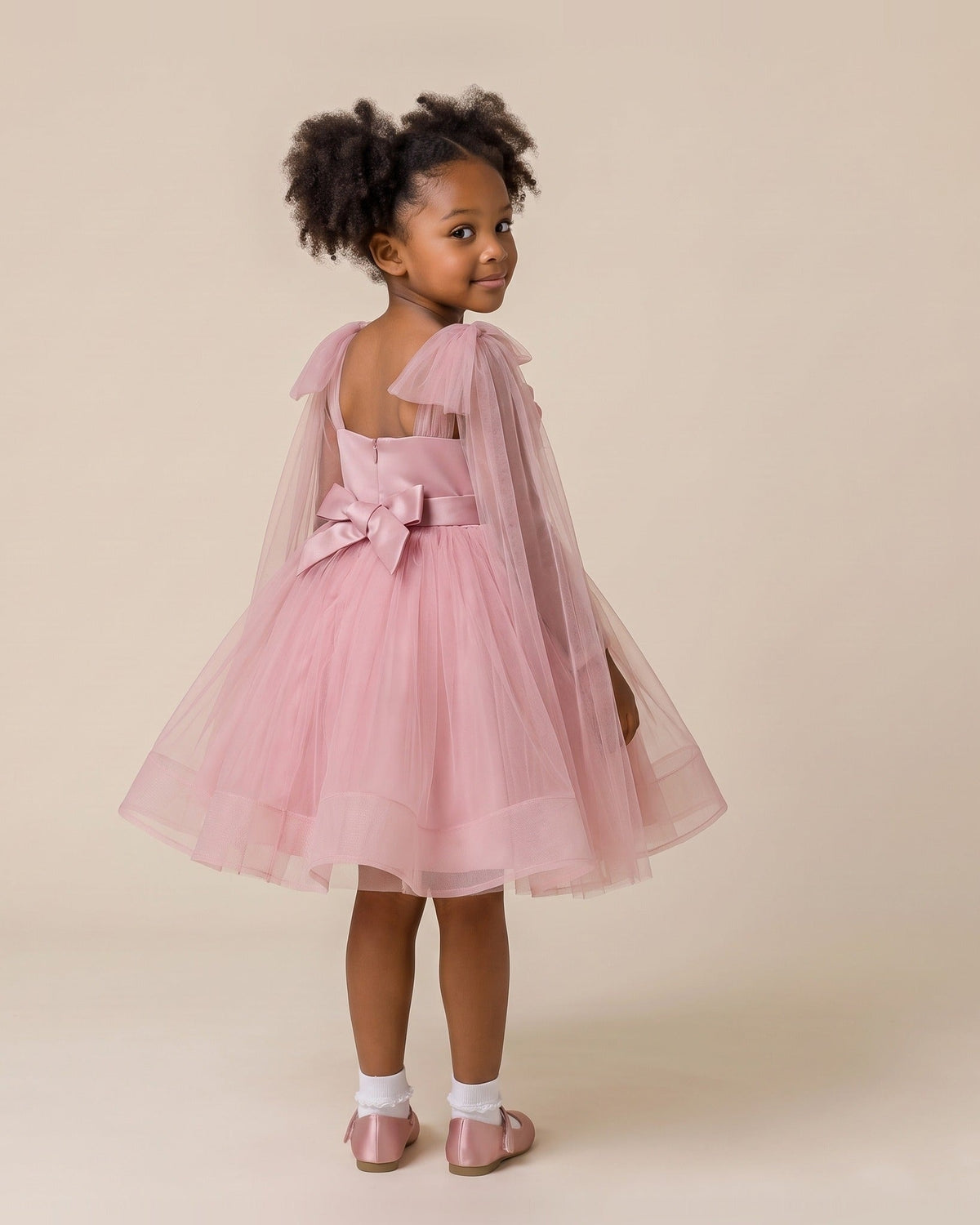3D Petal Bodice Tulle Tutu Dress in Dusty Rose – back view