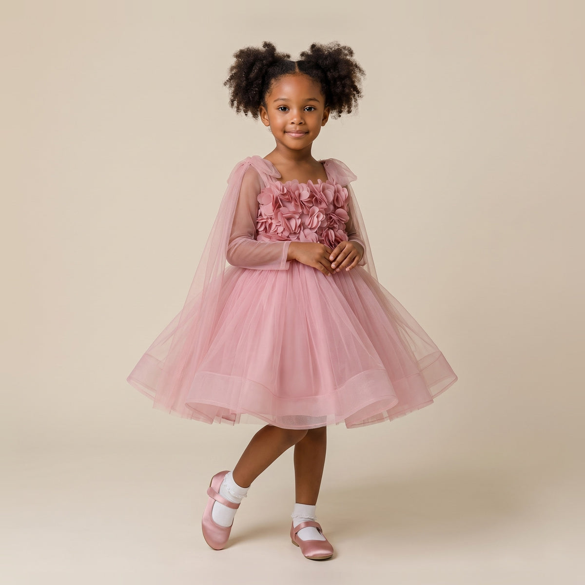 3D Petal Bodice Tulle Tutu Dress in Dusty Rose – front view