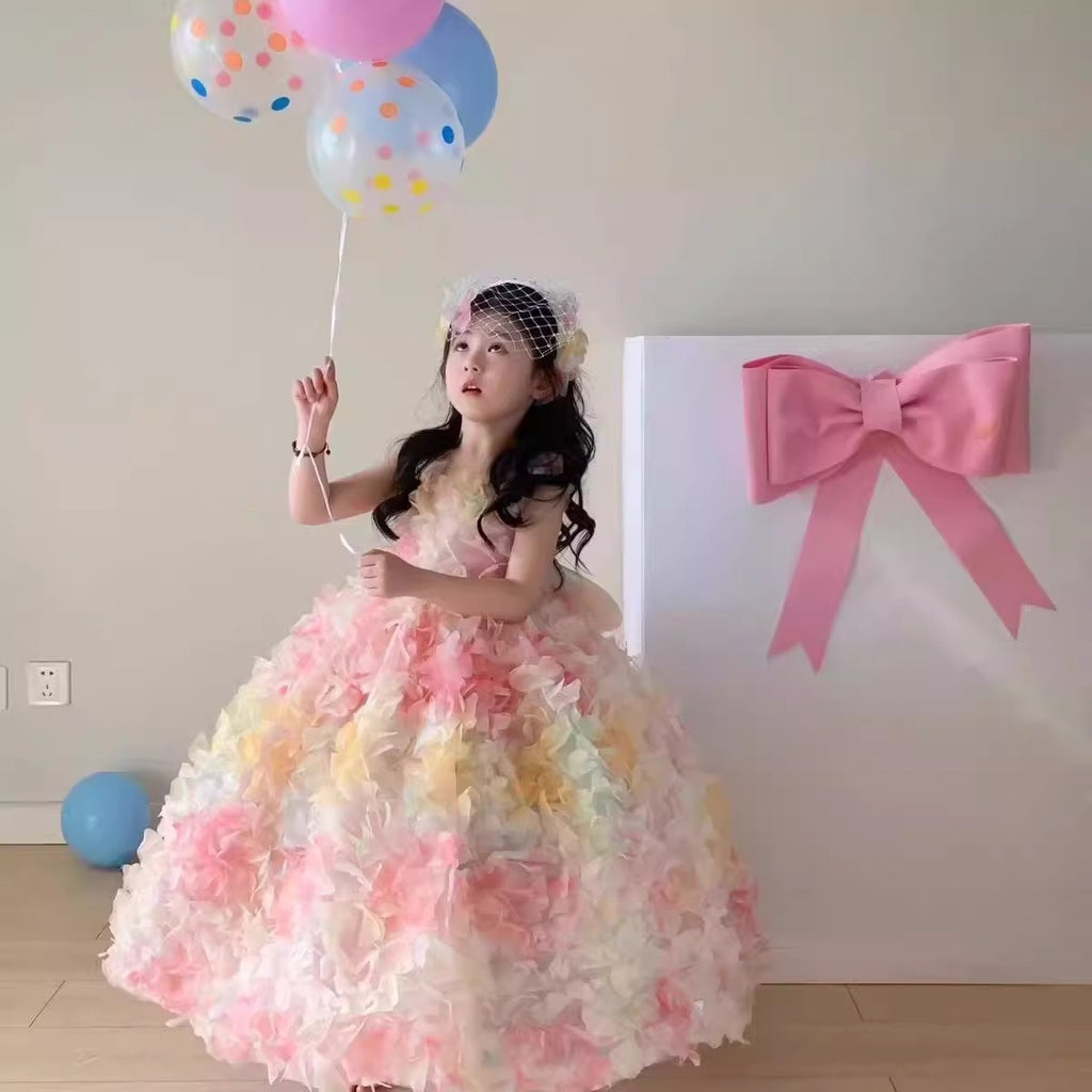 Pastel multicolor 3D petal girls ball gown with sleeveless V-neck and sheer back bow, designed for birthdays, weddings and photoshoots, view 2
