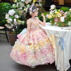 Pastel multicolor 3D petal girls ball gown with sleeveless V-neck and sheer back bow, designed for birthdays, weddings and photoshoots, view 3