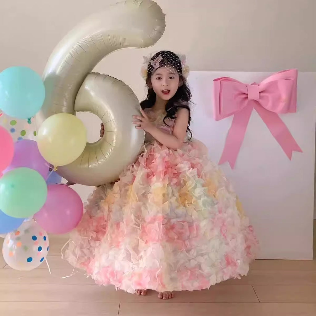 Pastel multicolor 3D petal girls ball gown with sleeveless V-neck and sheer back bow, designed for birthdays, weddings and photoshoots, view 4