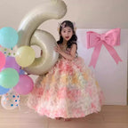 Pastel multicolor 3D petal girls ball gown with sleeveless V-neck and sheer back bow, designed for birthdays, weddings and photoshoots, view 4