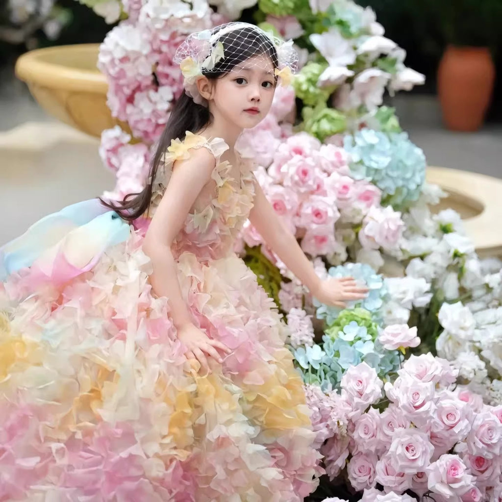 Pastel multicolor 3D petal girls ball gown with sleeveless V-neck and sheer back bow, designed for birthdays, weddings and photoshoots, view 5