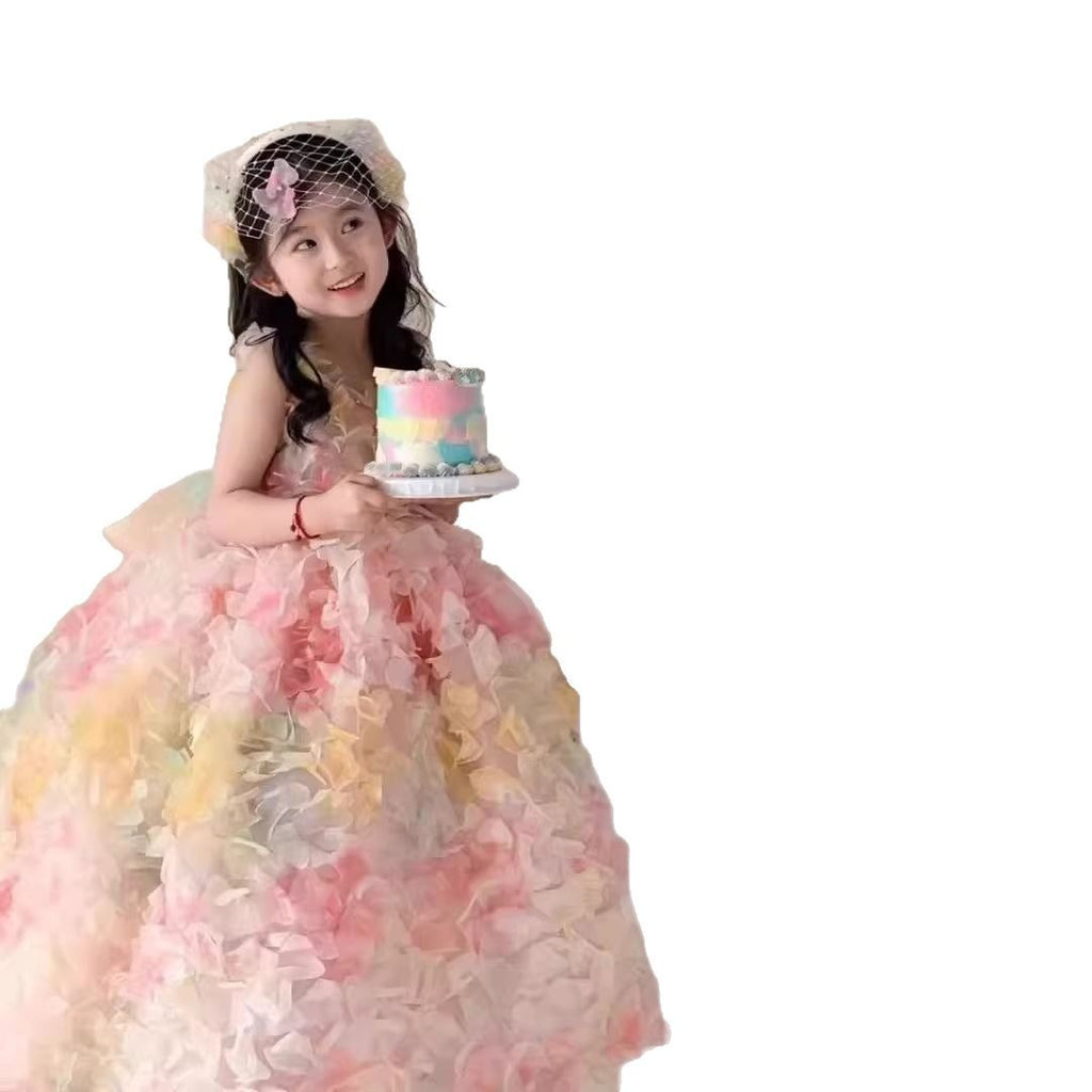 Pastel multicolor 3D petal girls ball gown with sleeveless V-neck and sheer back bow, designed for birthdays, weddings and photoshoots, view 6
