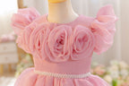 Close-up of the 3D fabric roses across the neckline and flutter sleeves.