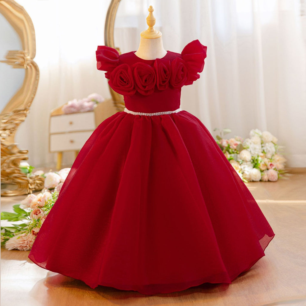 Wine red tulle flower girl dress with 3D roses at the neckline and a pearl belt, front view, for a wedding.