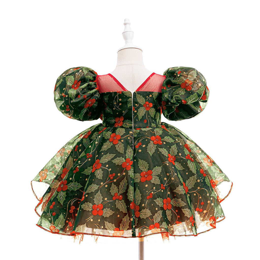 Red and green girls Christmas dress with bow and mesh tutu skirt