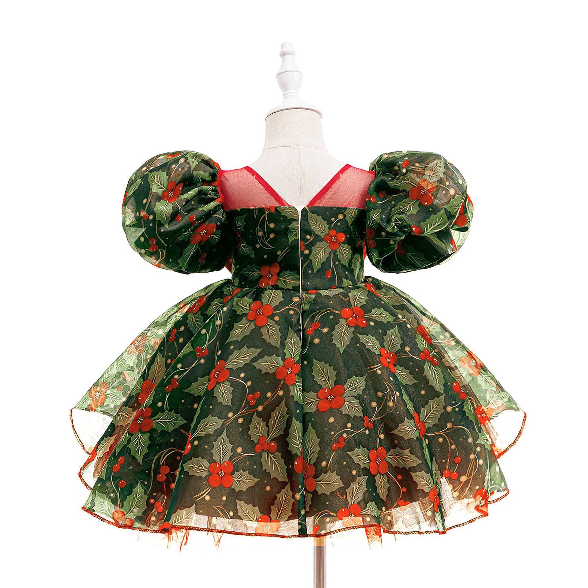 Red and green girls Christmas dress with bow and mesh tutu skirt