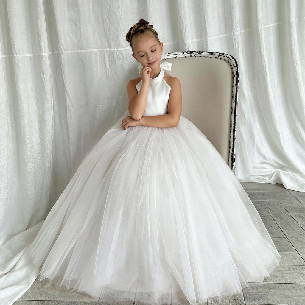 White bow accent flower girl wedding dress