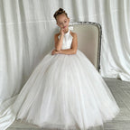 White bow accent flower girl wedding dress