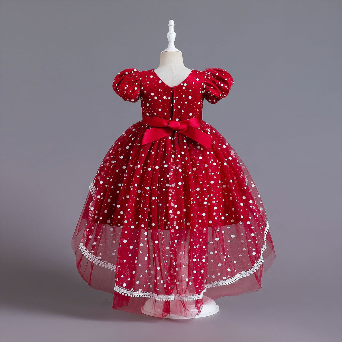 Girls polka dot high-low Christmas dress with puff sleeves