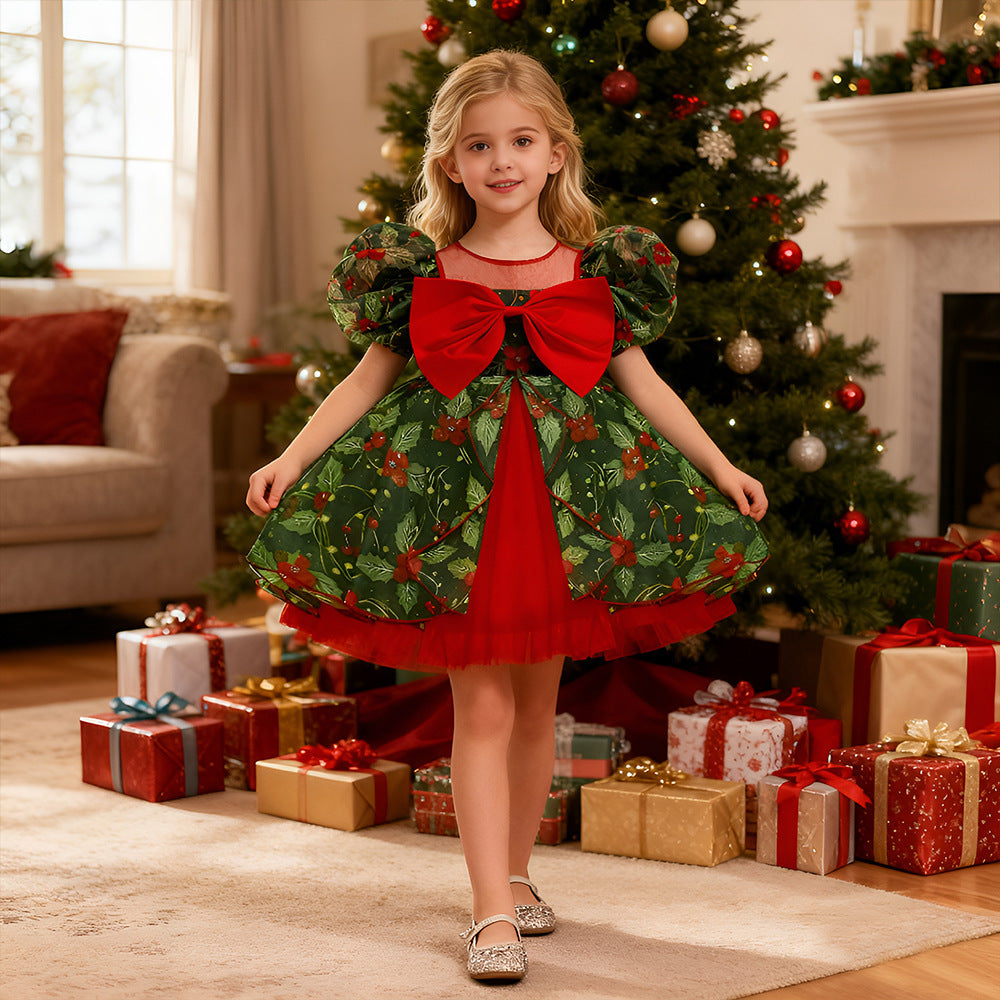 Red and green girls Christmas dress with bow and mesh tutu skirt