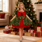 Red and green girls Christmas dress with bow and mesh tutu skirt